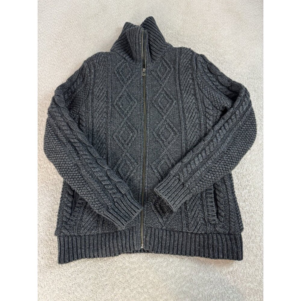 LL Bean Signature Womens Cable Knit Fisherman Gray Wool Zip Sweater Size Small